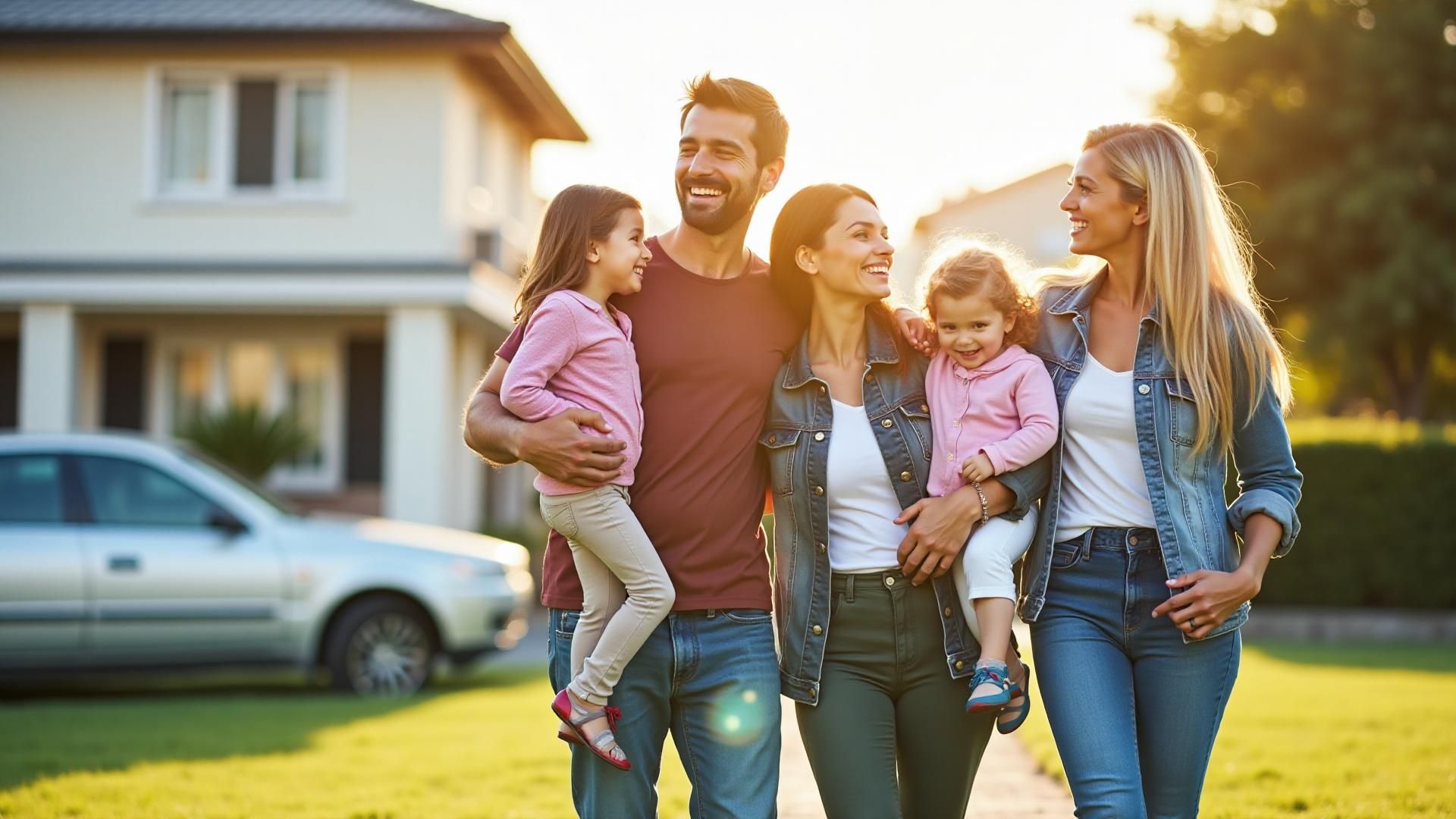 Happy family with their home and car